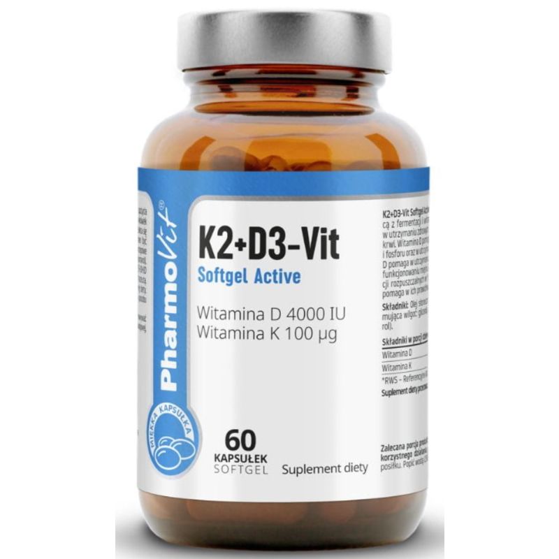 Витамин D3 и K2 PharmoVit K2+D3-Vit Softgel Active, по 100 мкг, старше 75 лет, 60 мягких капсул