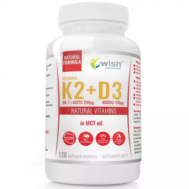 Витамины K2 и D3 Wish K2 MK-7 200 мкг и D3 4000 МЕ, в масле MCT, 120 капсул