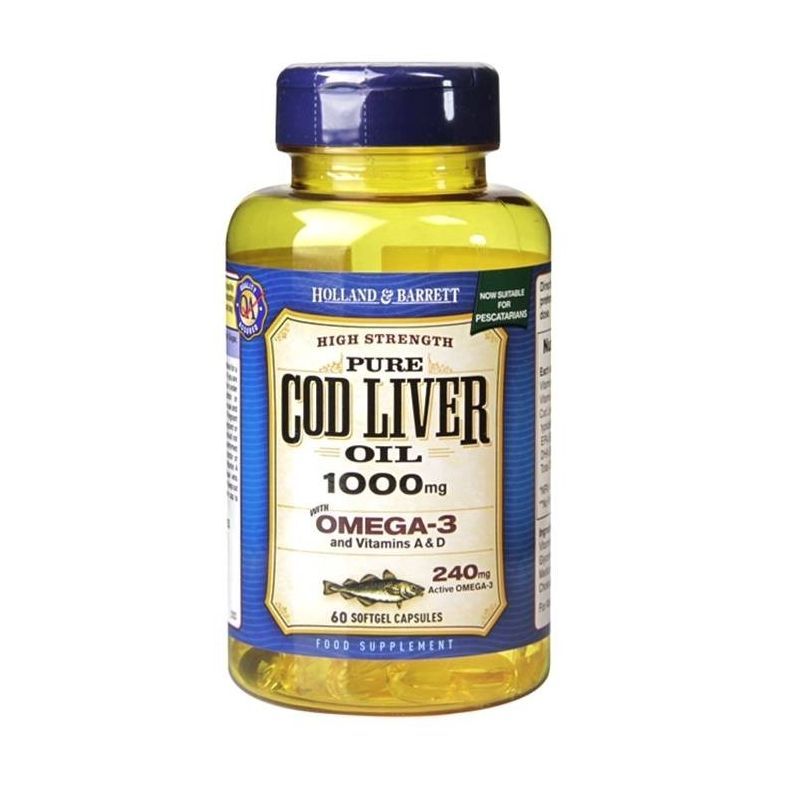 Holland Barrett Cod Liver Oil 1000mg 60 kapsułek miękkich olej z wątroby dorsza opinie cena