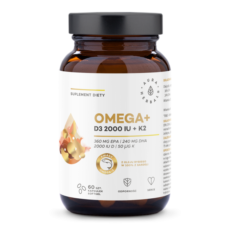 Омега-3 Aura Herbals Omega+, с витамином D3 2000 МЕ и K2 MK-7, 60 капсул