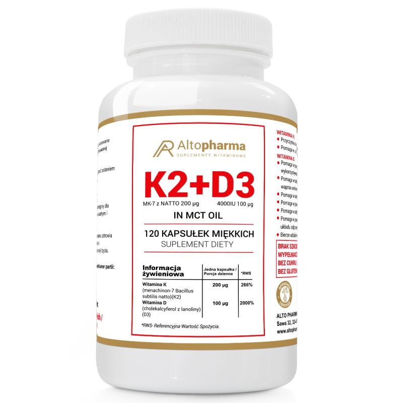 Витамин K2 + D3 Altopharma, K2 MK-7 200 мкг и D3 4000 МЕ, в масле MCT, 120 капсул