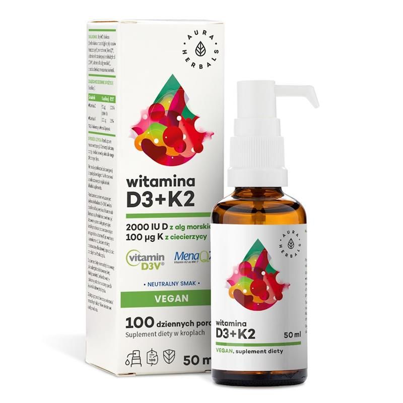 Витамин D3 и K2 Aura Herbals Vegan 2000 МЕ, D3 из водорослей, капли, 50 мл