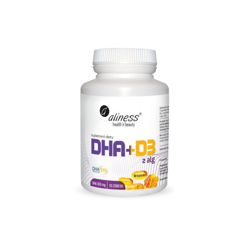 Омега-3 DHA Aliness 300 мг, из водорослей, с витамином D3 2000 МЕ, 60 капсул