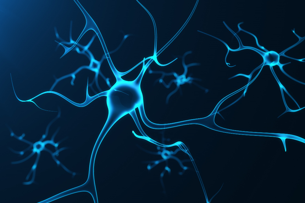 Koncepcyjna ilustracja komórek neuronowych ze świecącymi węzłami łączącymi. synapsy i komórki neuronowe wysyłające elektryczne sygnały chemiczne. neuron połączonych neuronów z impulsami elektrycznymi