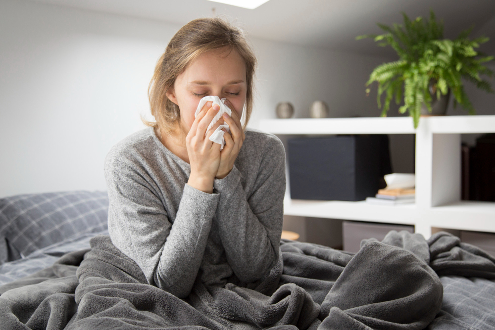 Chora kobieta w łóżku smarka nos w chusteczkę