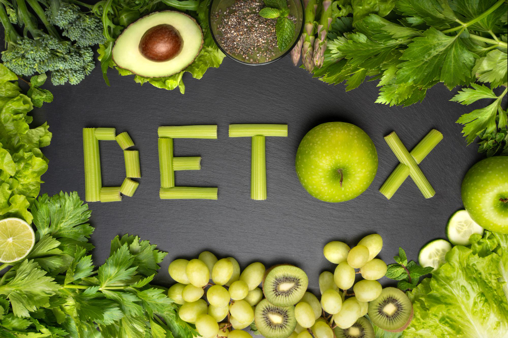 Widok Z Góry Na Zielone Warzywa I Owoce Ze Słowem Detox Na Czarnym Tle Dieta Detoksykacyjna