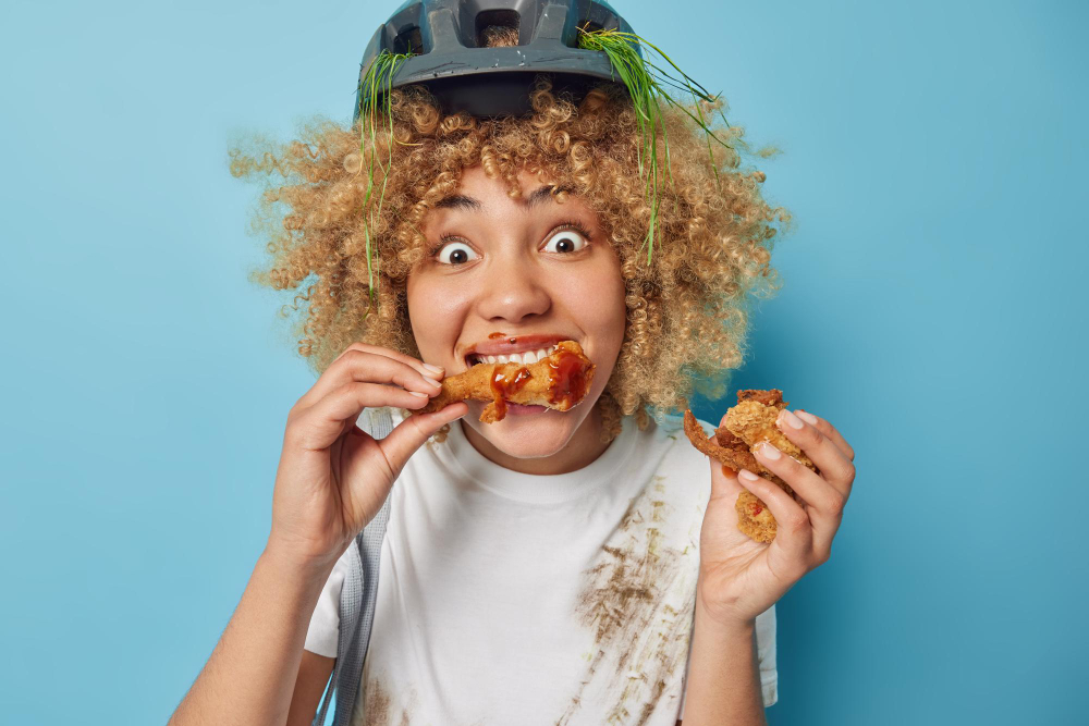 zdjęcie zaskoczonej, kręconej młodej kobiety je niezdrowe jedzenie