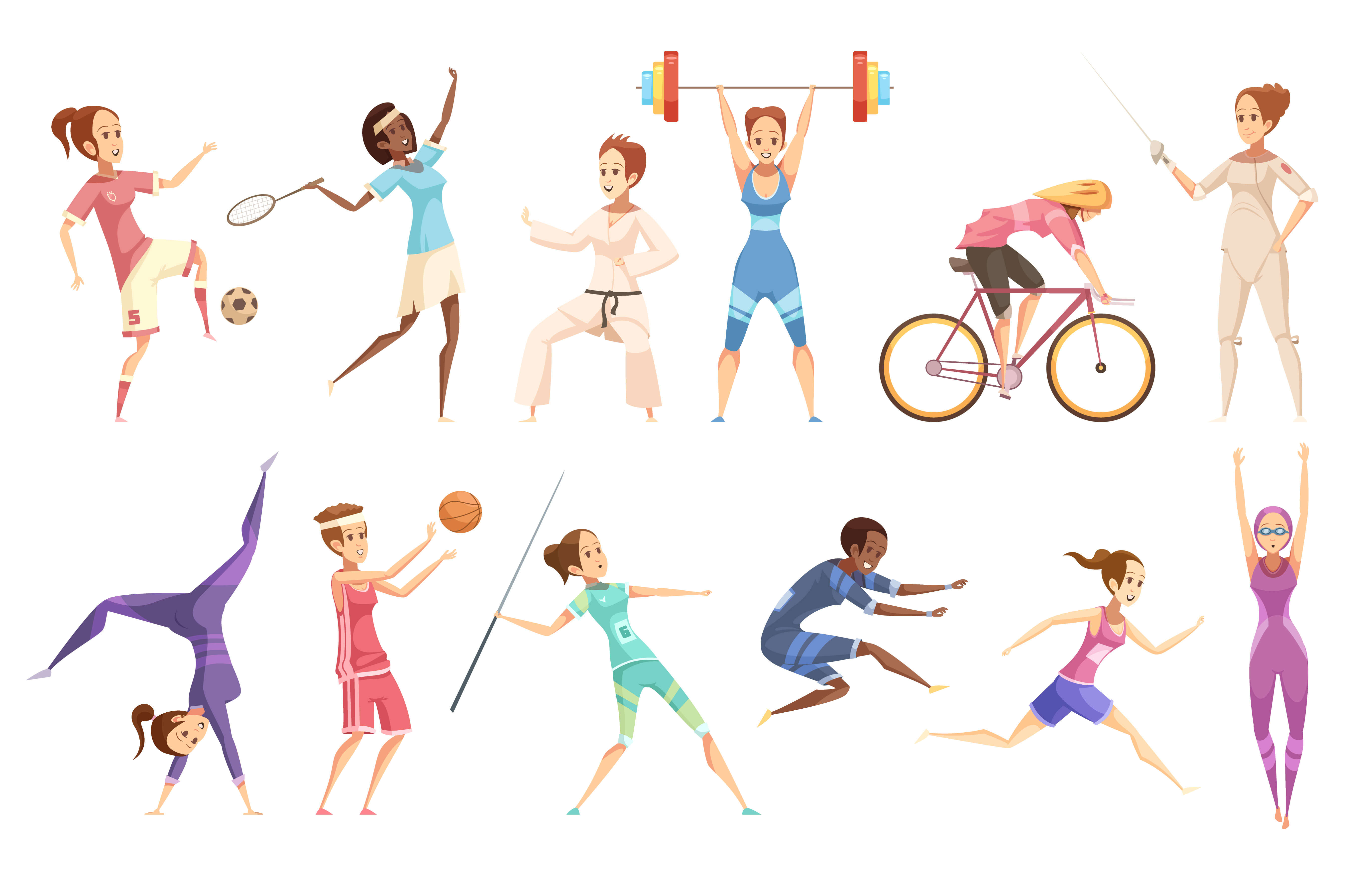 sportsmenki retro kreskówka zestaw na białym tle postaci kobiecych robi różne rodzaje sportu